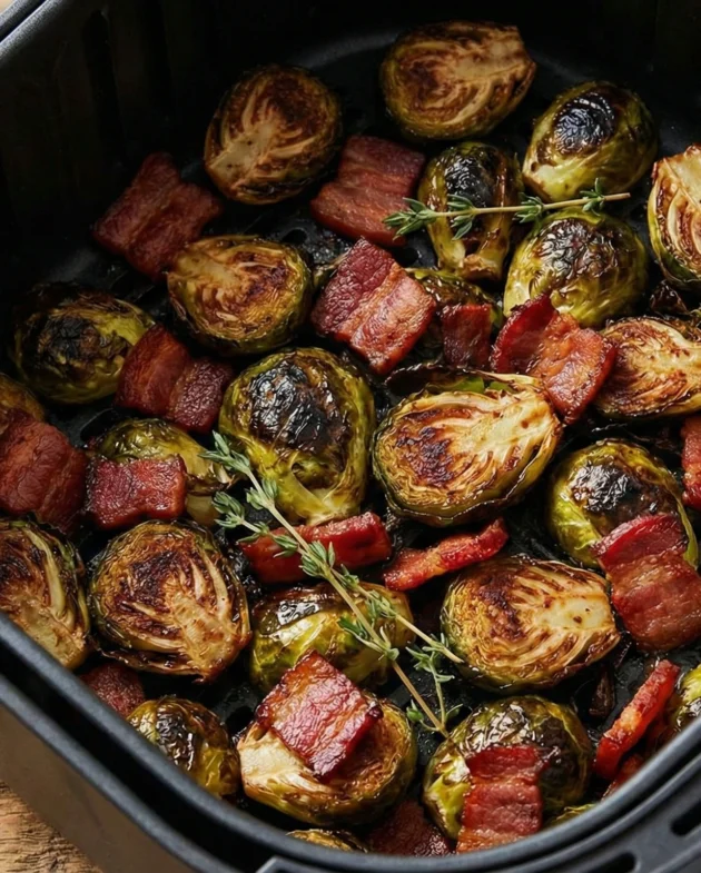 Air Fryer Roasted Brussels Sprouts with Bacon