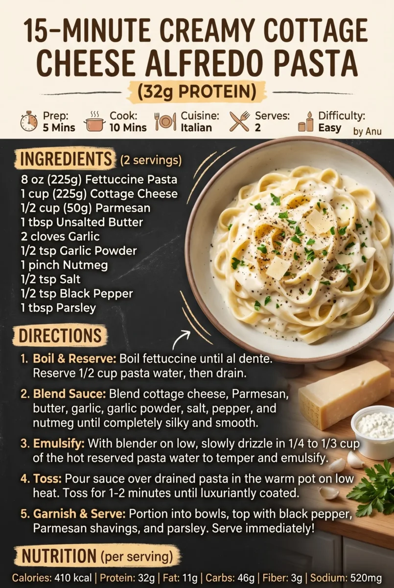 15-Minute Creamy Cottage Cheese Alfredo Pasta (32g Protein)